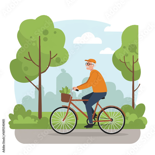 An enthusiastic senior man cycles his bicycle along a winding path in a vibrant park with lush trees and a bright sky, a clean 2D flat vector illustration.