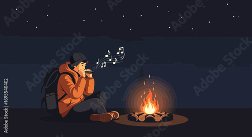 A person plays harmonica by a campfire under the stars creating a peaceful scene