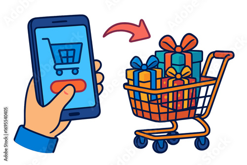 Online shopping for gifts with mobile device, shopping cart filled with colorful wrapped presents, digital purchase concept, ecommerce illustration, vibrant cartoon vector