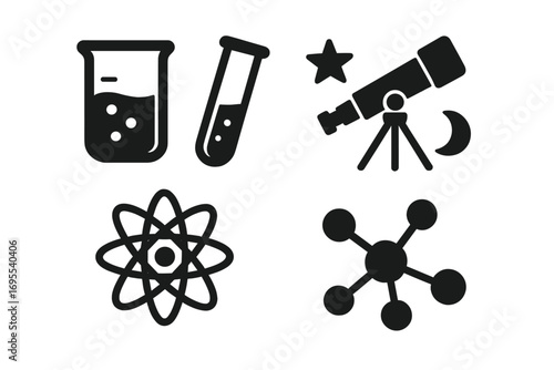 Science icons vector set with chemistry test tubes, astronomy telescope, atomic nucleus, and molecular structure symbols in black silhouette style, educational and scientific illustration