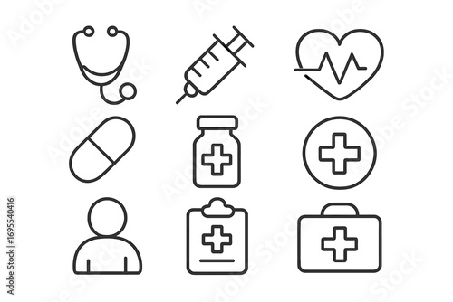 Minimalist medical icons set with stethoscope, syringe, heartbeat, pill, medicine bottle, health report, user, and first aid kit in simple line art style, transparent background