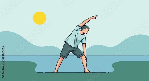 A Person Practices Stretching Exercise Outdoors Near Water and Under The Sun's Rays