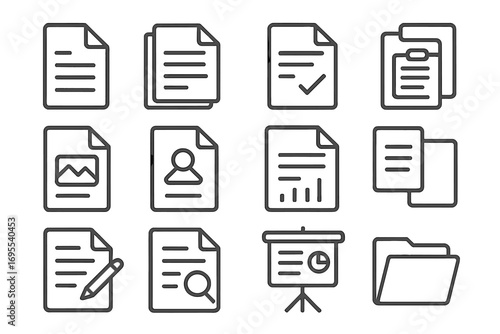 Document line icon set. Business paper and file outline symbols. Office work, report, data analysis, resume, presentation, and folder vector icons for web and apps.