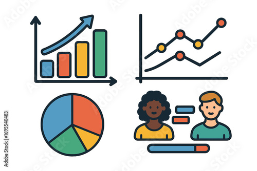 Visual representation of diverse data metrics with colorful bar chart, line graphs, pie chart, and diverse people comparison. Vector cartoon illustration of analytical trends and data comparison.