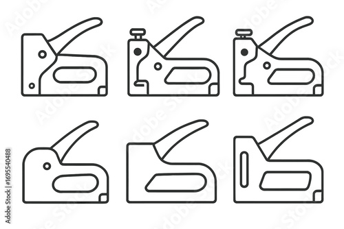 Set of Six Staple Gun Icons in Clean Black Outline Style, Vector Cartoon Illustration with Transparent Background, Simple Tools Collection for Construction and Crafting Projects