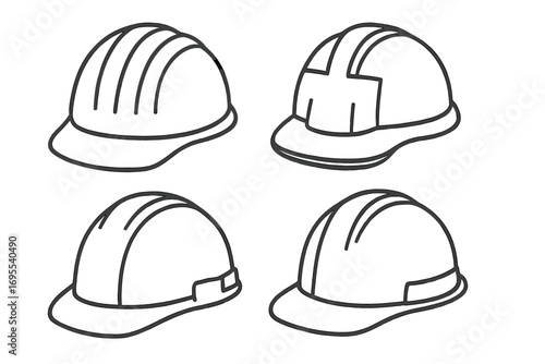Set of outline hard hats in various styles for safety and construction. Vector line art illustration. Engineer, builder, worker helmet icon collection for head protection.