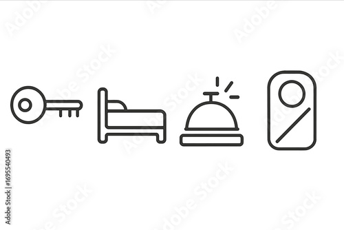 Modern hotel icons set in linear style with key, bed, service bell, do not disturb sign symbols, vector cartoon illustration, transparent background, ordered hotel service elements