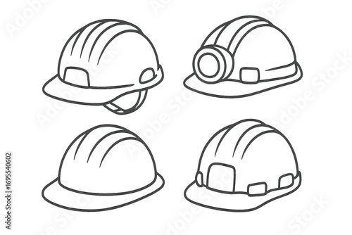 Hard hat outline icon set. Safety helmet vector collection. Construction headgear, engineering, mining headlamp. Industrial worker protection equipment line art illustration.
