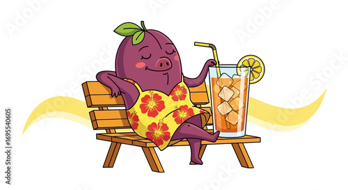 Relaxed Plum Character Enjoying a Refreshing Beverage on a Wooden Bench Illustration