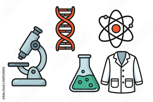 Science icons collection with microscope, DNA helix, atom model, chemistry beaker, and lab coat. Vector cartoon illustration with transparent background. Educational and research symbols set.