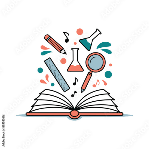 Creative Learning Concept with Open Book, Tools, and Symbols Vector Design
