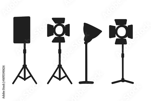 Set of studio lighting equipment icons in silhouette style, vector cartoon illustration, professional photography and film light stands with barn doors and softbox, transparent background