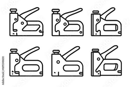 Set of six staple gun icons in minimalist black outline style, vector cartoon illustration with transparent background, office and construction tool collection, ordered set of staplers