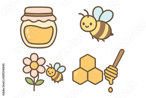 Cute honey bee vector icon set in pastel colors. Kawaii cartoon collection with smiling bee, honey jar, honeycomb, dipper, and flower. Sweet natural food and beekeeping concept.