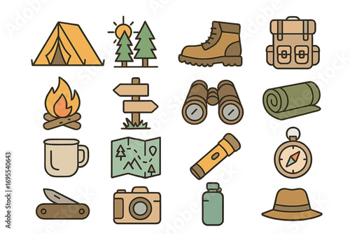 Outdoor adventure icons set camping hiking exploration essentials gear equipment hiking boot backpack campfire binoculars map compass flashlight hat knife vector cartoon illustration