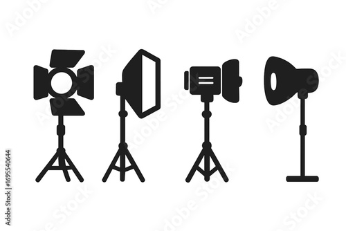 Set of studio lighting equipment icons in silhouette style, vector cartoon illustration with transparent background, professional photography and video light stands, ordered collection