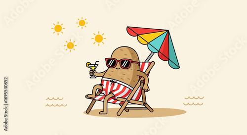 Relaxed Potato Enjoys Sunny Beach Day With Sunglasses and Refreshing Drink