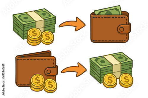 Cartoon vector illustration of money flow and financial transactions with cash stacks, coins, leather wallets, currency exchange concept on transparent background