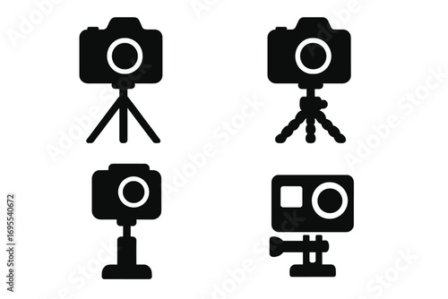 Silhouette camera icon set with various tripods and mounts, vector cartoon illustration, transparent background, versatile photography and videography equipment symbols for design