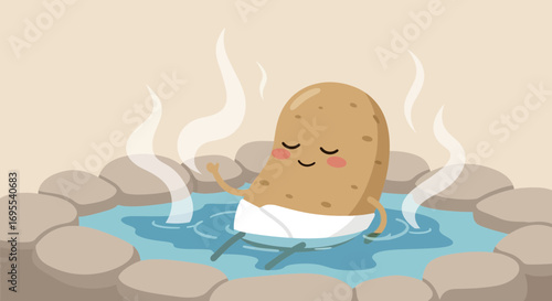 Relaxed Potato Enjoying A Soothing Soak In A Hot Spring Amidst The Steam