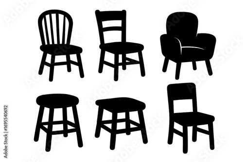 Chair silhouette collection. Set of six black furniture icons. Vector cartoon illustration of stool, armchair, wooden dining chairs. Home interior and seating concept design.
