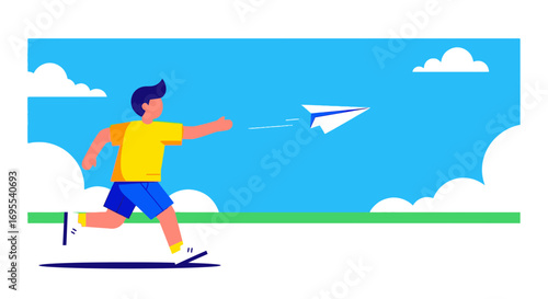 A person running and throwing a paper airplane into the blue sky with white clouds