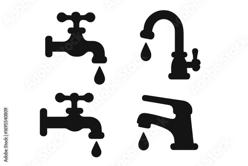 Silhouette collection of water taps with droplets, various faucet designs, vector cartoon illustration, plumbing icons set, transparent background, liquid drops