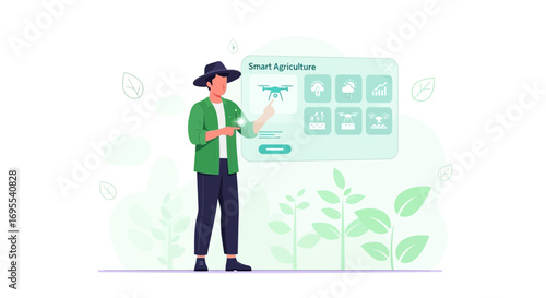 Modern Farmer Inspecting Smart Agriculture Technology Using Drone Monitoring System
