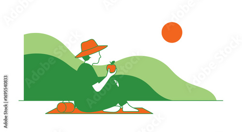 A person sitting observing nature, holding an apple, in a relaxing natural landscape