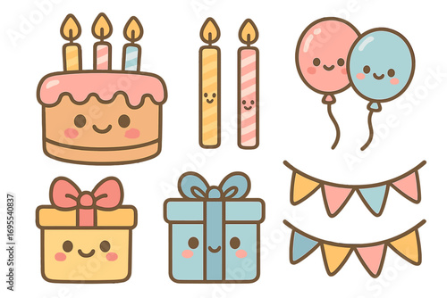 Cute kawaii birthday icon set. Vector cartoon collection of party elements. Happy cake, smiling gift, balloon characters, candles and flags for celebration design.