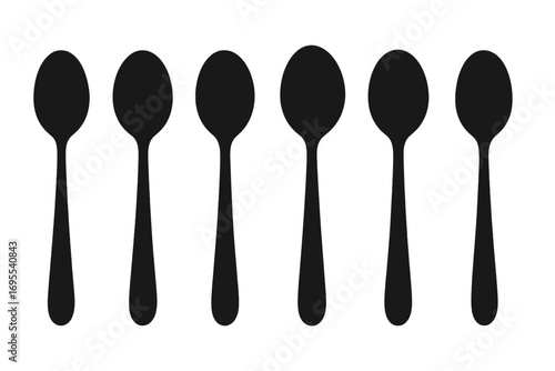 Set of six black spoon silhouettes. Vector illustration of kitchen cutlery icons. Modern minimalist utensils for dining and food concepts. Isolated on white background design.