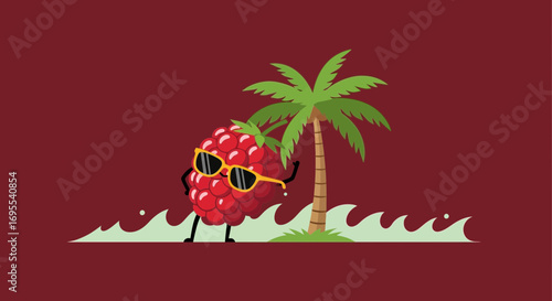 Relaxed Raspberry On A Beach With Sunglasses And A Palm Tree Illustration