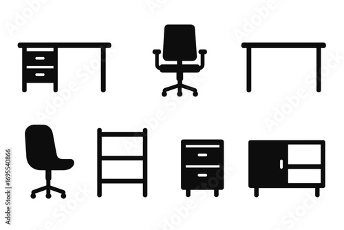Silhouette minimalist office furniture icons collection, vector desk chair bookshelf cabinet drawer set, workspace interior elements, modern workspace essentials
