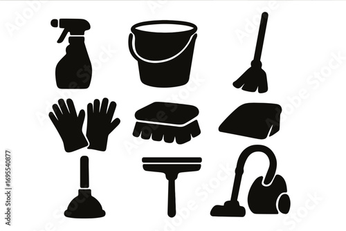 Silhouette set of cleaning tools icons for household chores, vector cartoon illustration with spray bottle, bucket, gloves, brush, mop, vacuum, plunger, squeegee, dustpan, transparent background