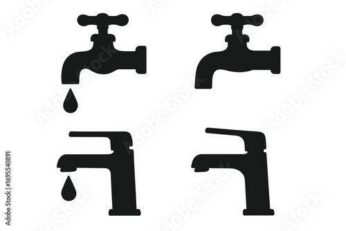 Silhouette faucet icons set with dripping and modern water taps, vector cartoon illustration, plumbing symbols, water conservation concept, editable black flat design with transparent background
