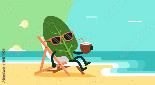 Relaxed Spinach Leaf Enjoying Summer Vacation Sunbathing And Coconut On A Beach