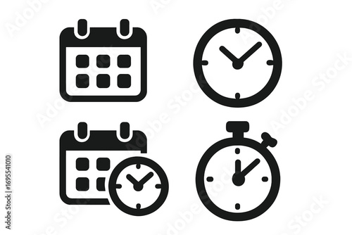 Simple black time management icons set with calendar, clock, stopwatch, and timer elements. Vector cartoon illustration with transparent background. Organized time planning symbols.