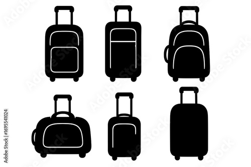 Set of travel bag silhouettes. Wheeled suitcase and luggage vector icons for journey. Baggage collection for vacation, trip, tourism. Airport trolley bags isolated illustration.