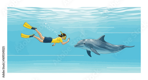 A person snorkeling encounters a dolphin in the ocean, swimming and exploring underwater