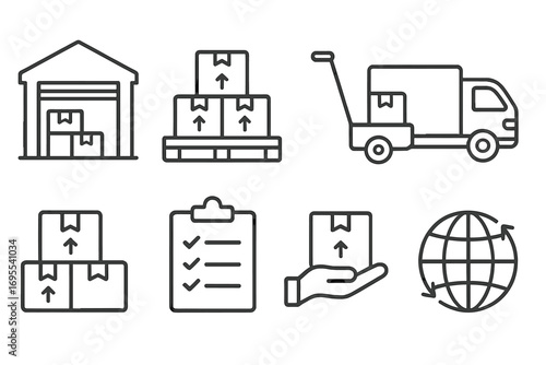 Warehouse and logistics icons in simple linear style, vector cartoon illustration with transparent background, ordered set, shipping, delivery, storage, transport, inventory management