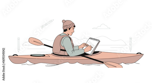A Person Sketching Nature From A Kayak On A Calm Body Of Water