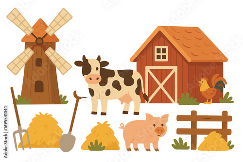 Rural farm life illustration with windmill, barn, cow, pig, rooster, haystacks, pitchfork, and shovel. Cute barnyard animals and agricultural tools vector set with transparent background