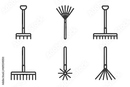 Set of six rake icons in linear style. Gardening tools and equipment collection. Vector outline illustration for agriculture, farming, and yard work. Leaf, bow, and soil rake.