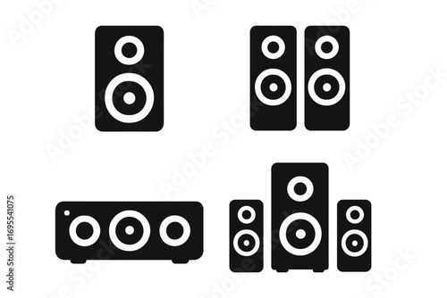 Silhouette icons of audio speakers set in various arrangements, vector illustration with transparent background, home theater sound system, speaker design collection, music audio equipment symbols