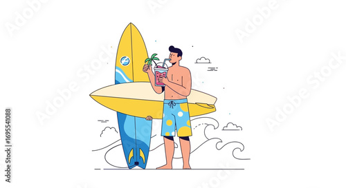 Relaxed Surfer Enjoying Refreshing Drink Near Surfboard at the Beach Under the Sun