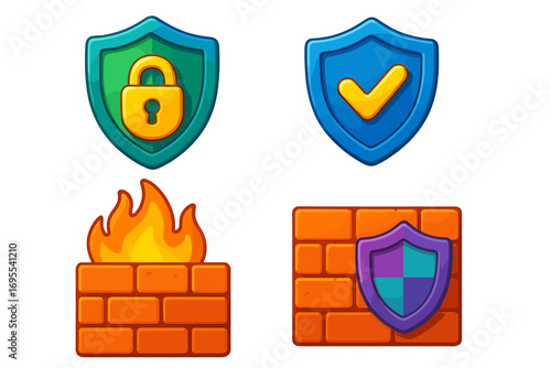 Colorful 3D cybersecurity icons with shields and firewalls. Vector cartoon illustration set for internet safety concepts. Data protection, network defense, security lock, approved check.