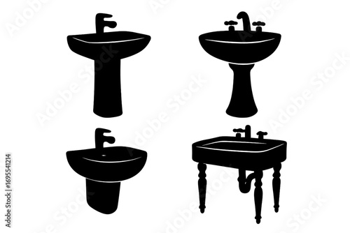 Silhouette set of modern and classic bathroom sinks collection, vector cartoon illustration, pedestal and vintage washbasins, elegant bathroom fixtures, plumbing design set