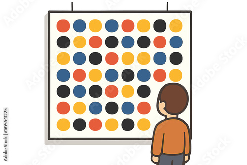Abstract art exhibition colorful circle patterns in neat rows on white background with cartoon person observing modern geometric vector illustration for design