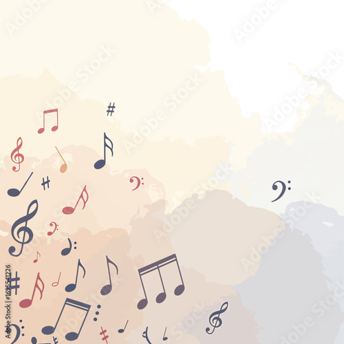 Beautiful watercolor illustration of musical notes floating gracefully on a soft, artistic background, evoking harmony and creativity. Vector art.