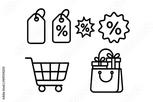 Shopping icons set for e-commerce and retail promotion. Vector line art illustration of sale, discount and special offer symbols. Price tag, shopping cart and gift bag.